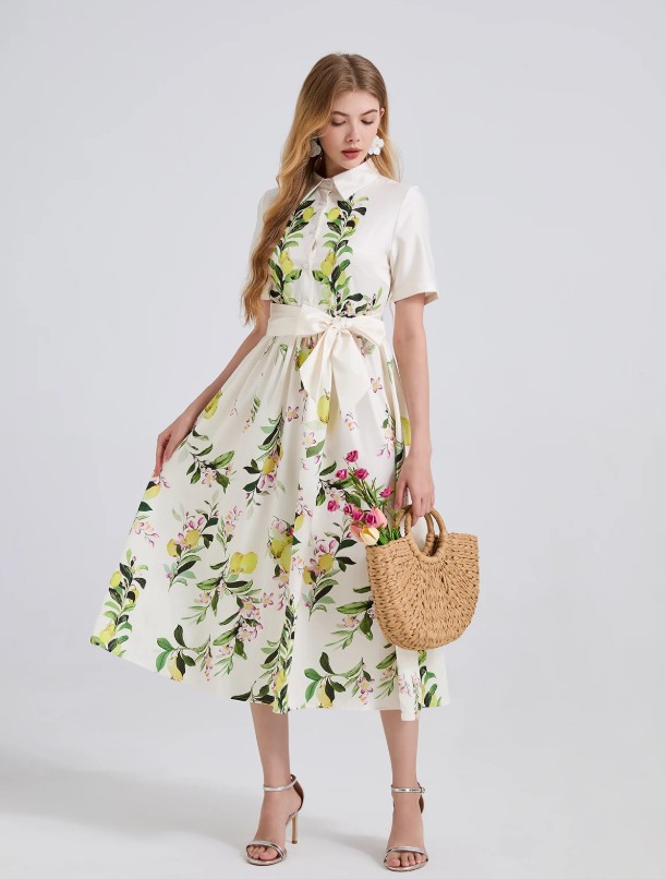 Kurzarm A Linie Kleid für Hochzeitsgäste Elegant mit Zitronen&nbsp;Motive