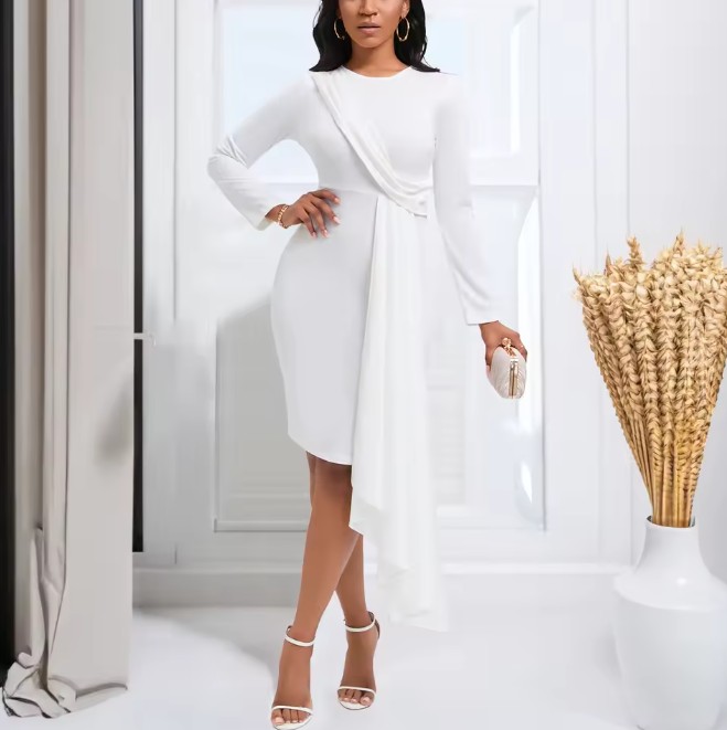 Langarm Midi Standesamtkleid Hailey mit Raffungen und Schärpe in&nbsp;Weiß