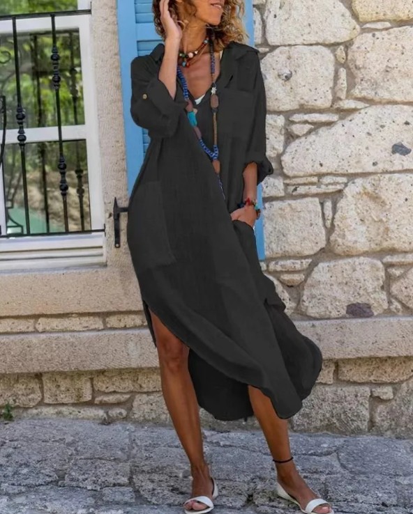 Langes Baumwoll – Leinen Sommerkleid 2025 in&nbsp;Schwarz