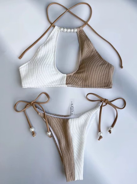 Neckholder Cut Out Bikini 2025 Shania mit Perlen in Weiß&nbsp;Braun