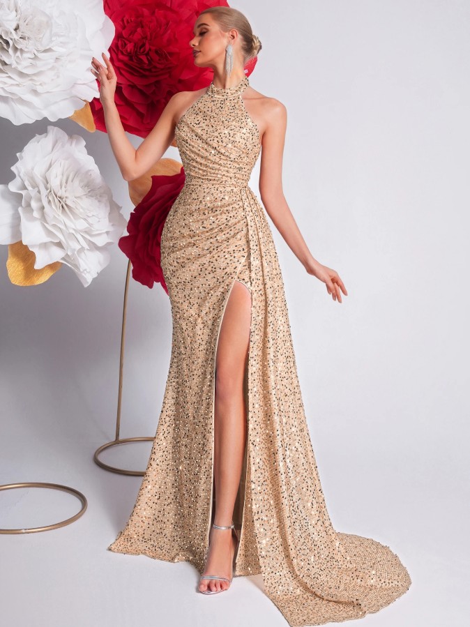 Neckholder Träger Glitzer High Cut Abendkleid Sexy in Champagne für&nbsp;Hochzeitsgäste