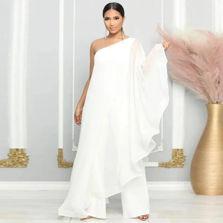 One Shoulder Chiffon Einteiler Overall Jumpsuit für die Braut Lang in&nbsp;Weiß