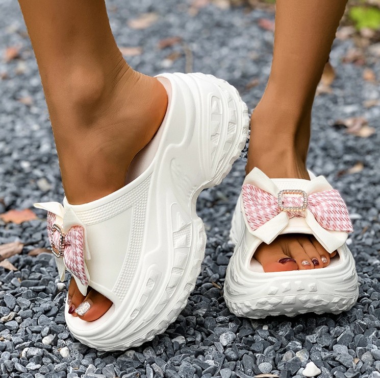 Plateau Chunky Damen Clogs in Weiß mit&nbsp;Schleife