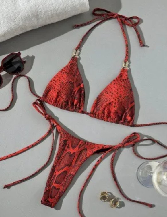 Schlangen Print Tanga Halterneck Bikini 2025 mit Hohe Taille&nbsp;Rot