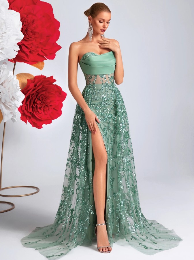 Schulterfreies A Linie High Cut Glitzer Abendkleid in Mintgrün für Hochzeitsgäste&nbsp;Festlich