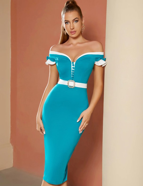 Schulterfreies Bleistift Kleid 2025 Elegant in Hellblau mit&nbsp;Rüschen