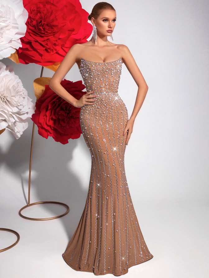 Schulterfreies Glitzer Meerjungfrau Abendkleid in Champagne für&nbsp;Hochzeitsgäste