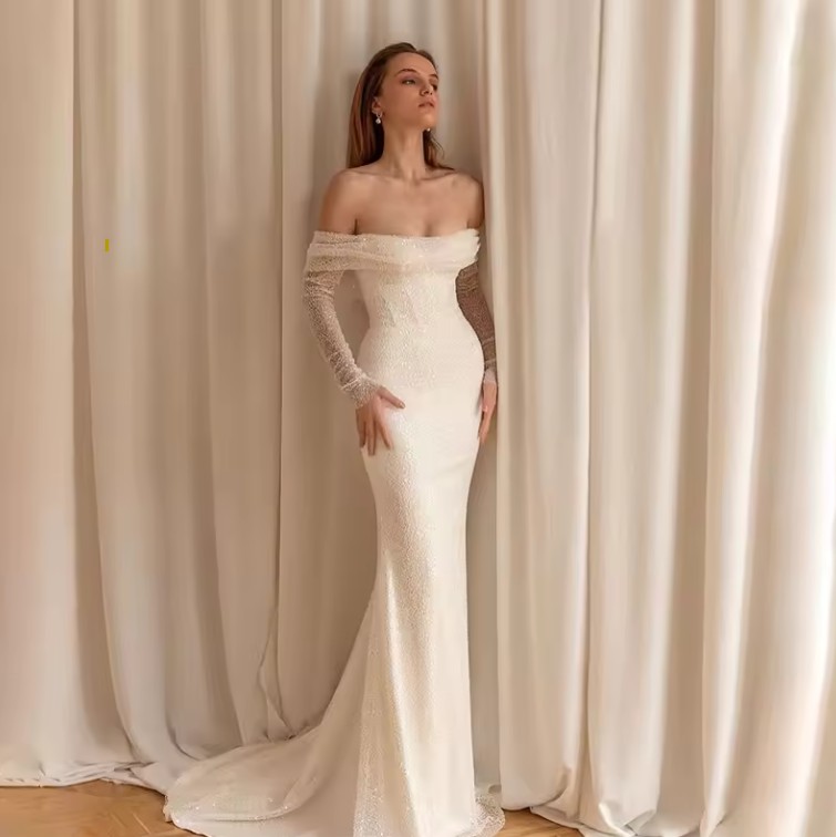 Schulterfreies Meerjungfrau Brautkleid Sophia mit Tüll Ärmel Schleppe&nbsp;Abnehmbar