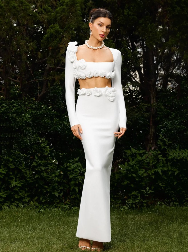 Sexy Braut Zweiteiler für das Standesamt mit 3D Blumen&nbsp;Weiß