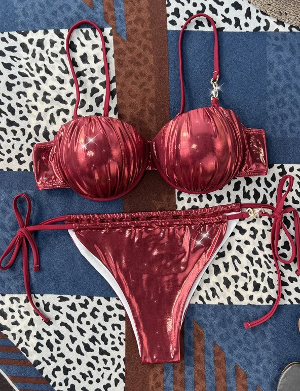 Shiny PU Leder Bügel-BH Cup Bikini 2025&nbsp;Weinrot