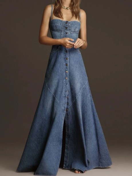 Spaghettiträger A Linie Jeanskleid 2025&nbsp;Lang
