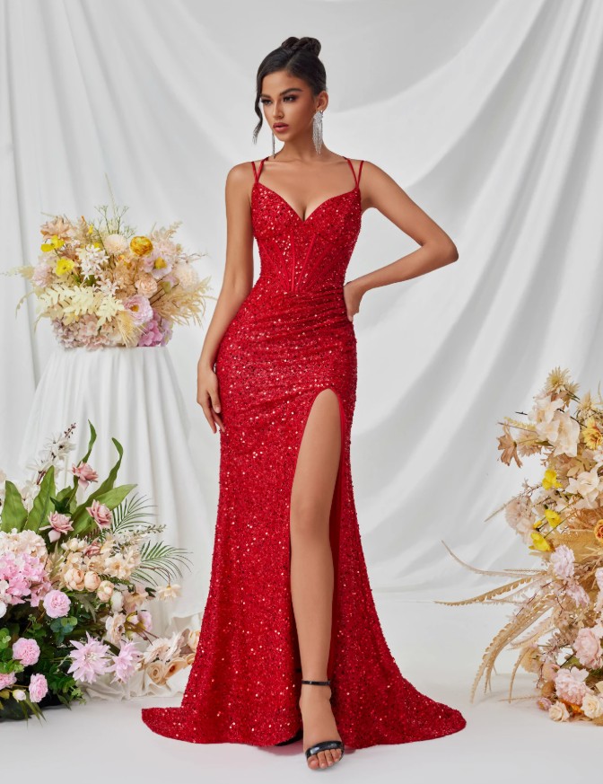 Spaghettiträger Glitzer High Cut Abendkleid Schulterfrei auch für Hochzeitsgäste in&nbsp;Rot