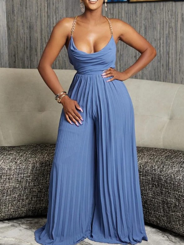 Spaghettiträger Plissee Einteiler 2025 Elegant in&nbsp;Hellblau