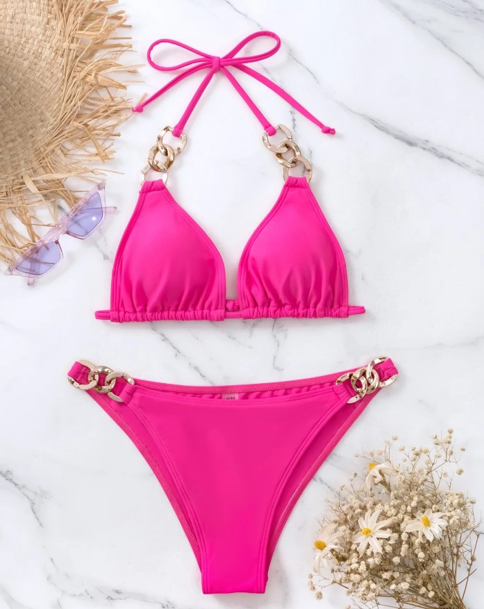 Split-Design Bikini 2025 Shannon in Pink mit Neckholder Träger und&nbsp;Kette