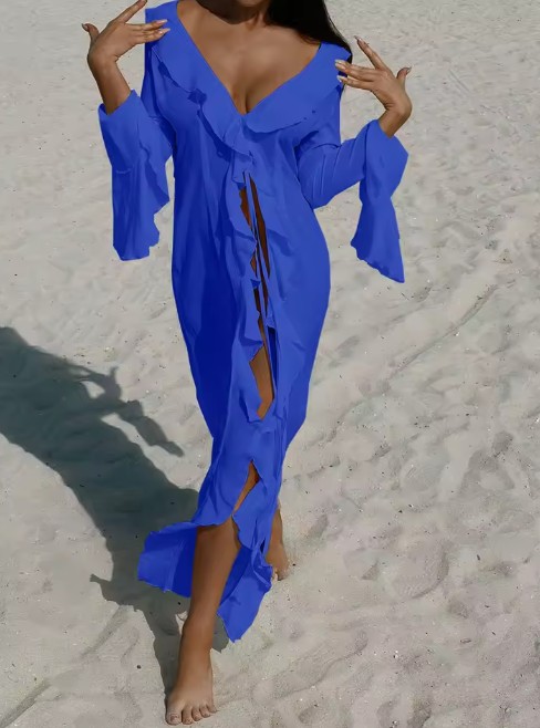 V-Ausschnitt Chiffon Strandkleid 2025 Lang in&nbsp;Blau