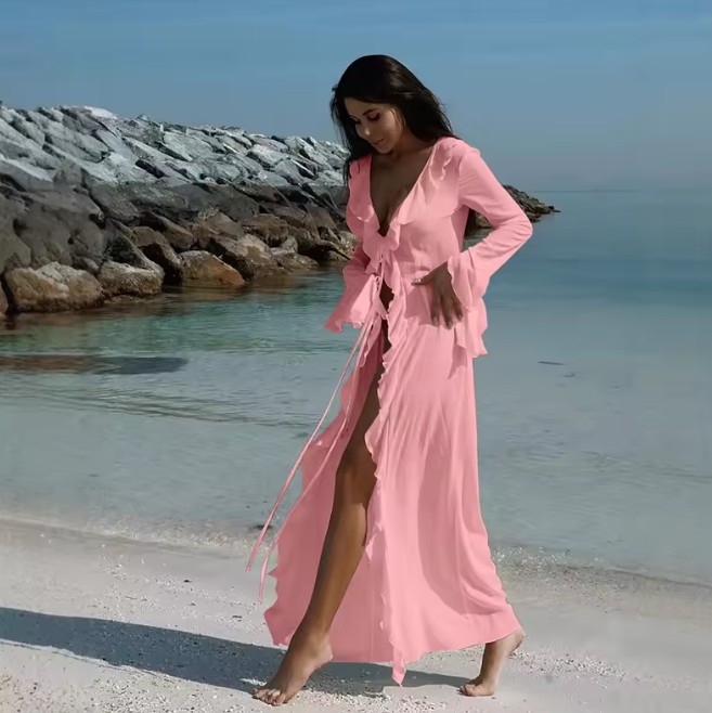 V-Ausschnitt Chiffon Strandkleid 2025 Lang in&nbsp;Rosa