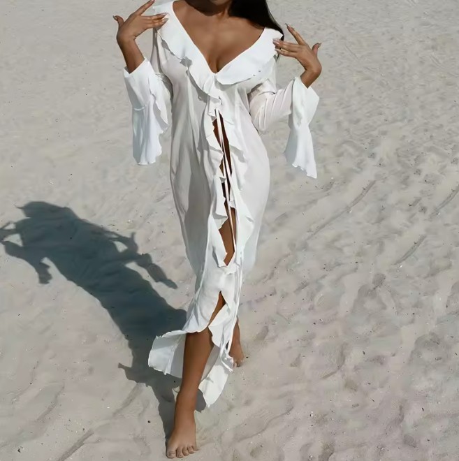 V-Ausschnitt Chiffon Strandkleid 2025 Lang in&nbsp;Weiß