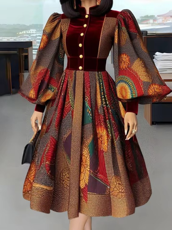 Vintage Maxi Kleid 2025 Elegant mit Puffärmeln&nbsp;Braun