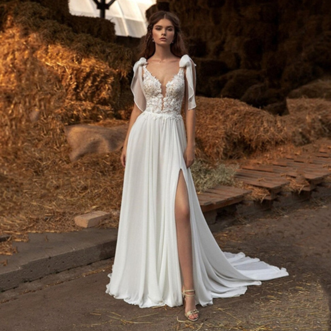 A-Linie Chiffon Brautkleid Hochzeitskleid Deike Hochgeschnitten mit&nbsp;Schleppe