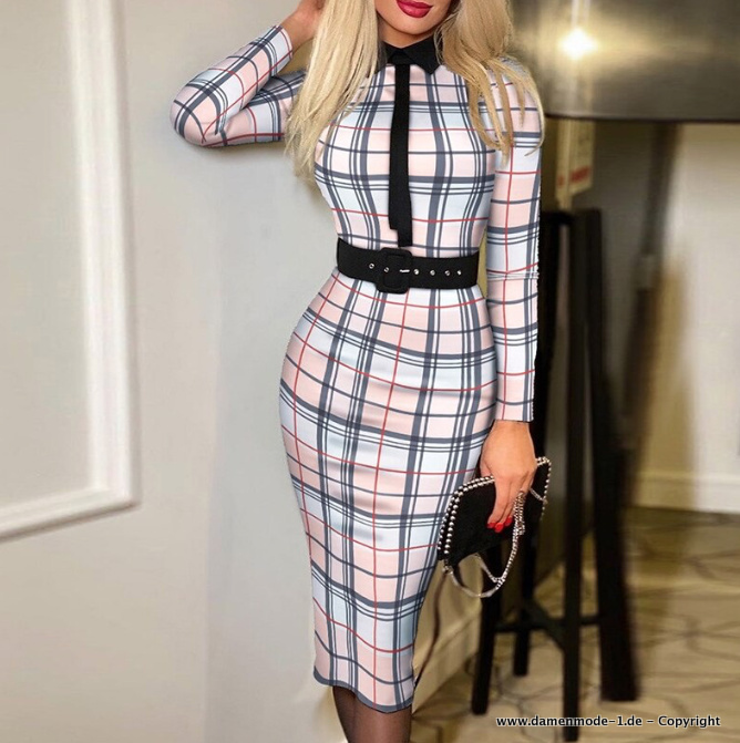 Langarm Bleistift Kleid Elegant Knielang&nbsp;Kariert