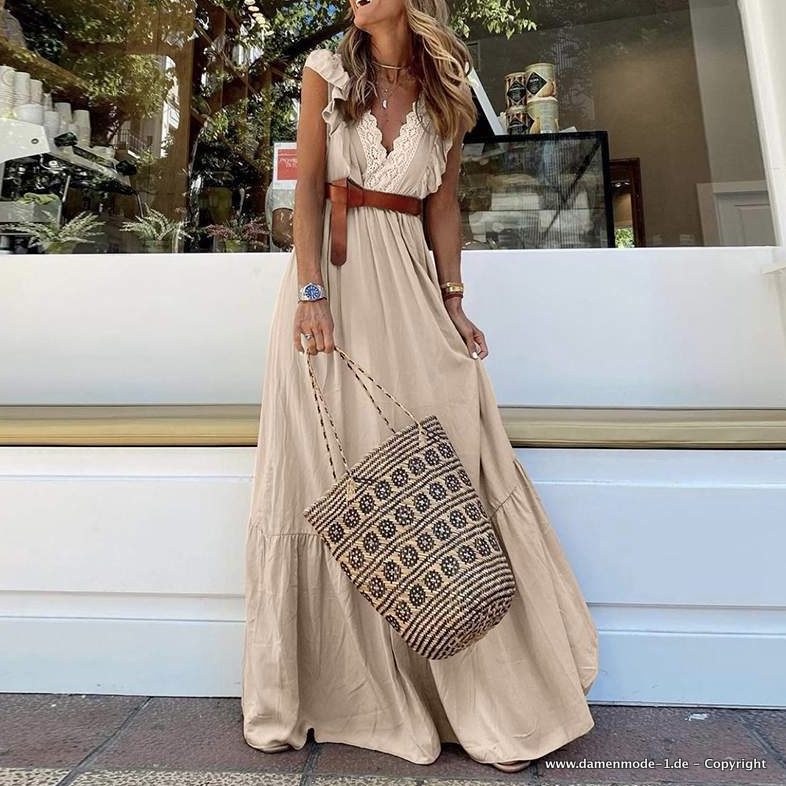 A Linie Maxi Boho Sommerkleid Lang in Champagne mit V&nbsp;Ausschnitt