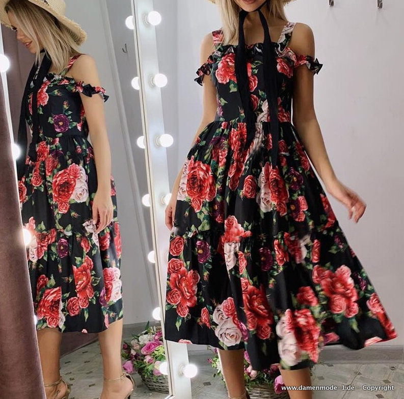 A Linie Sommerkleid mit Träger und Blumenmuster in&nbsp;Schwarz