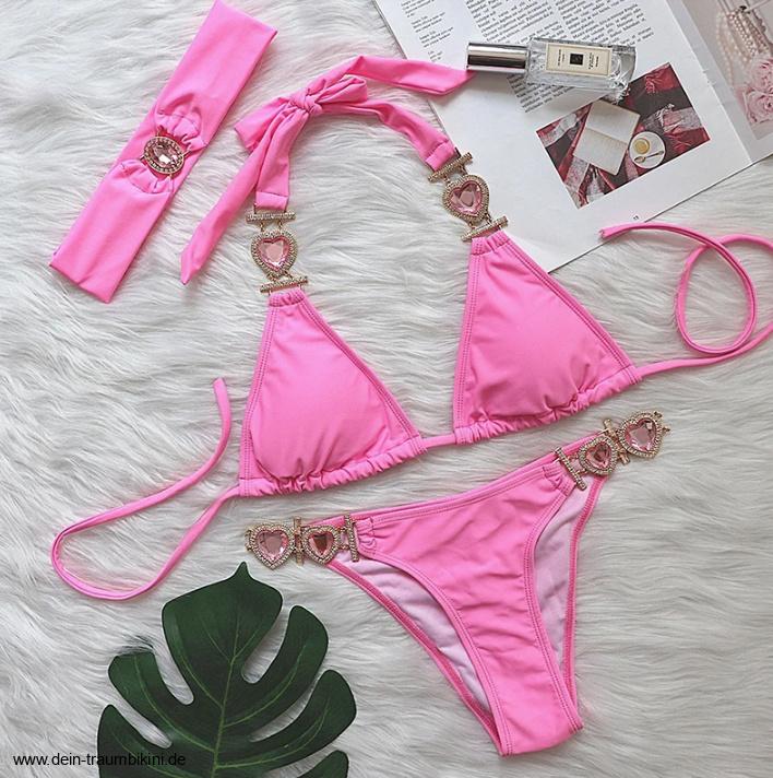 Triangle High-Waist Bikini mit Strass Herzchen in&nbsp;Rosa
