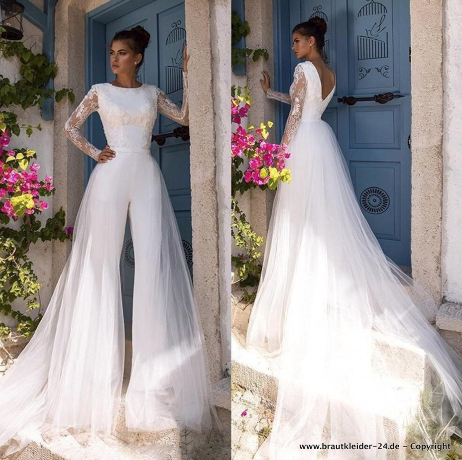 A Linie Braut Overall Jumpsuit Einteiler Lang mit Tüll Schleppe&nbsp;Abnehmbar