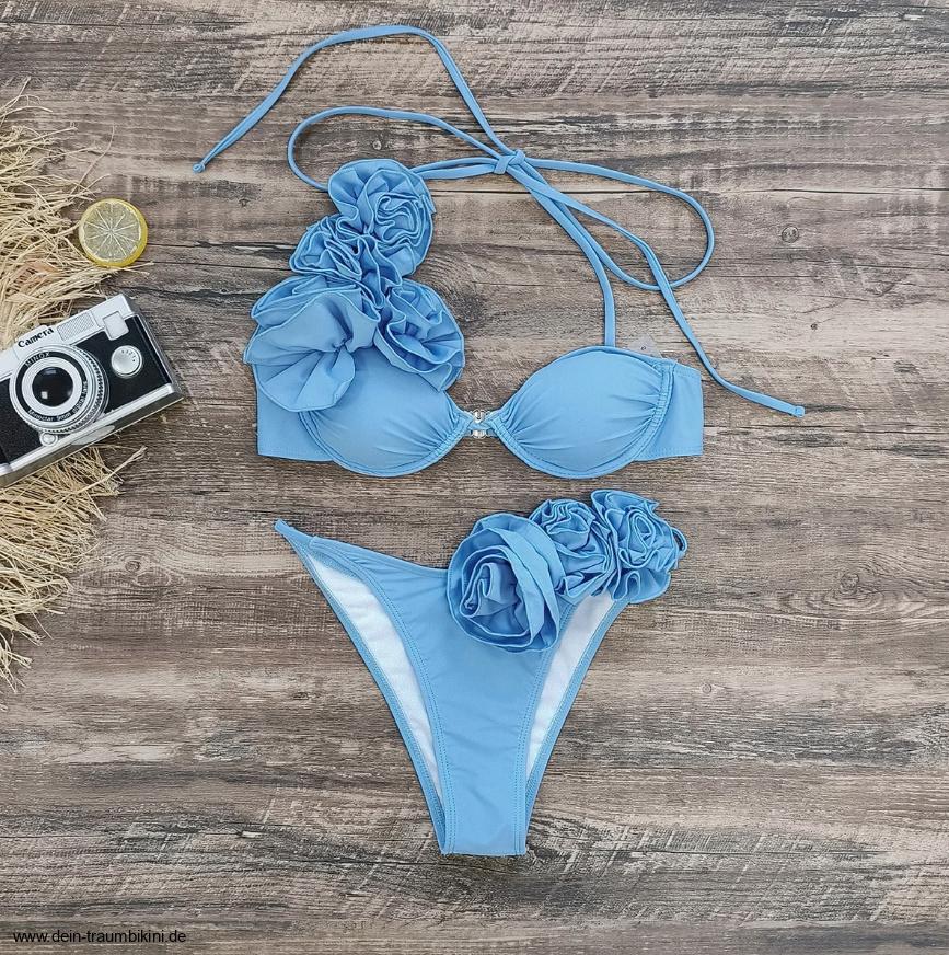 Halterneck Bikini Ylenia mit 3D Blumen in&nbsp;Hellblau