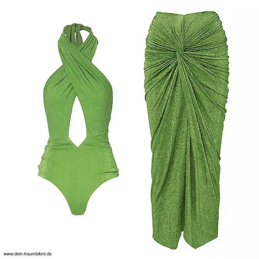 Sexy Halterrneck Glitzer Badeanzug Grün mit Rock im&nbsp;Set