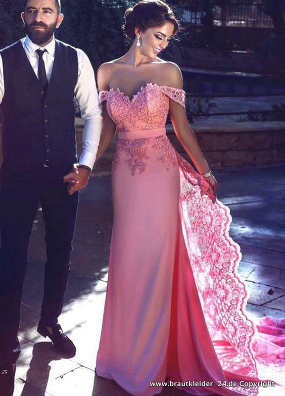 Schulterfreies Etui Brautkleid Beryll in Altrosa mit Schleppe und&nbsp;Spitze