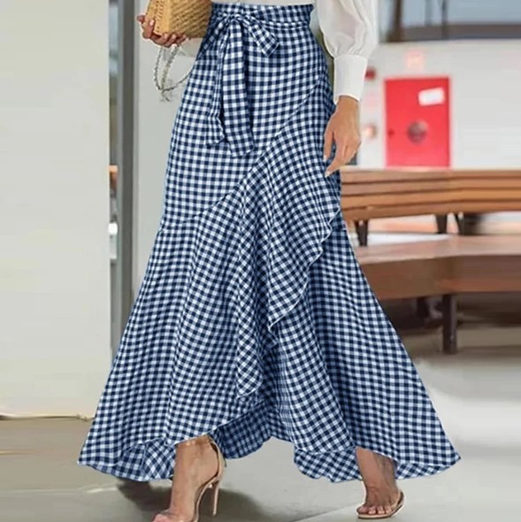 A Linie Damen Sommer Rock Asymmetrisch Kariert in Blau Weiß