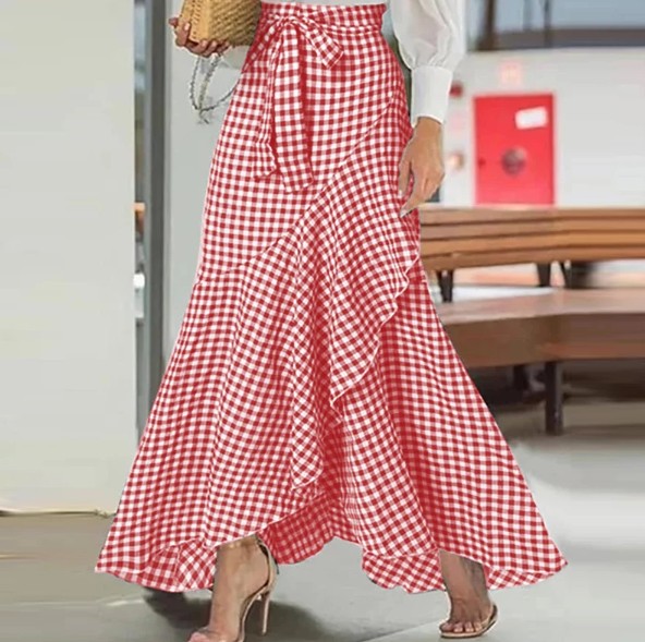 A Linie Damen Sommer Rock Asymmetrisch Kariert in Rot Weiß