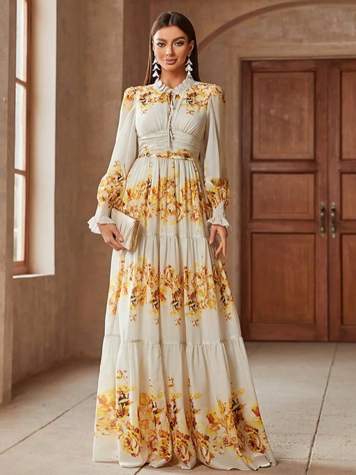 A Linie Langarm Kleid Edeltraud Elegant in Weiß mit&nbsp;Blumenmuster