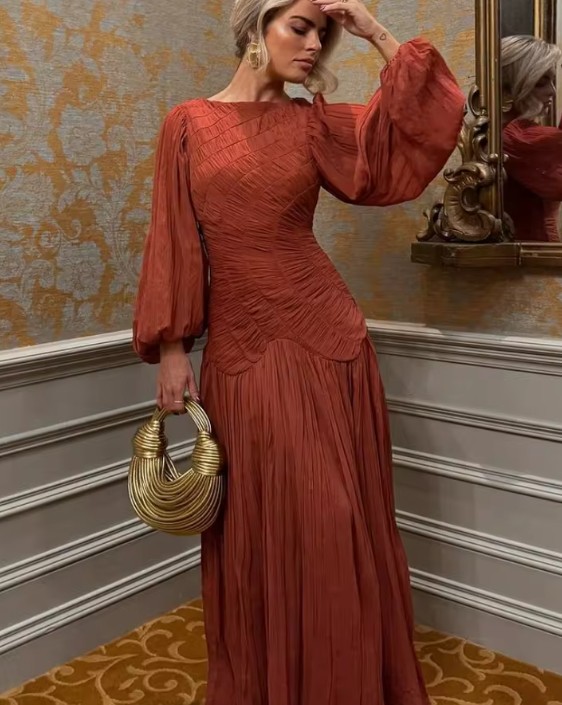 A Linie Maxi Chiffon Kleid Elanie Elegant Lang mit Laternenärmeln in&nbsp;Bronze