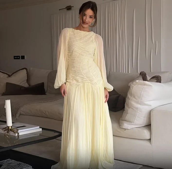 A Linie Maxi Chiffon Kleid Elanie Elegant Lang mit Laternenärmeln in&nbsp;Gelb