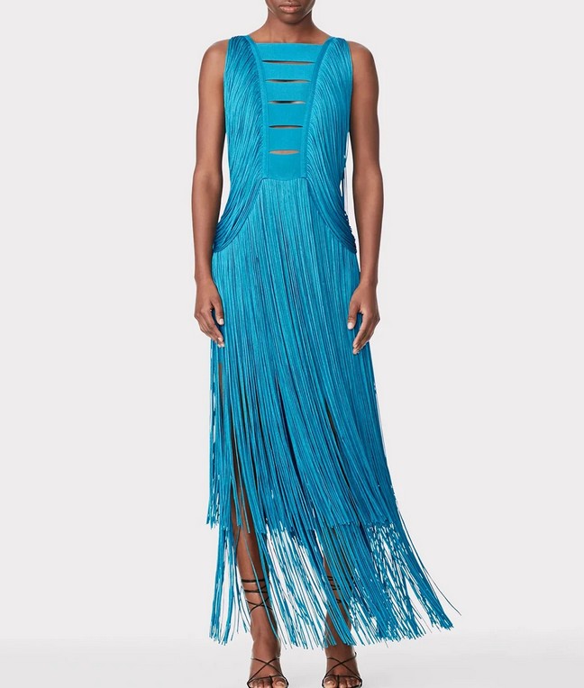 Ärmelloses Maxi Kleid Europa Elegant in Blau mit&nbsp;Fransen