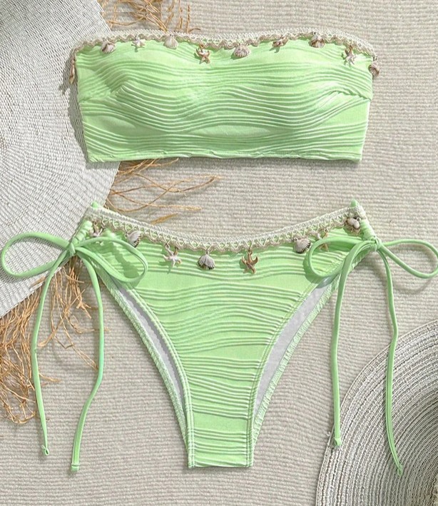  Bandeau Bikini Samira in Hellgrün mit Muscheln und&nbsp;Seesterne