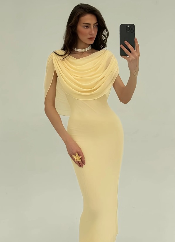 Bleistift Chiffon Kleid Edith Elegant Lang in Gelb&nbsp;Plissiert