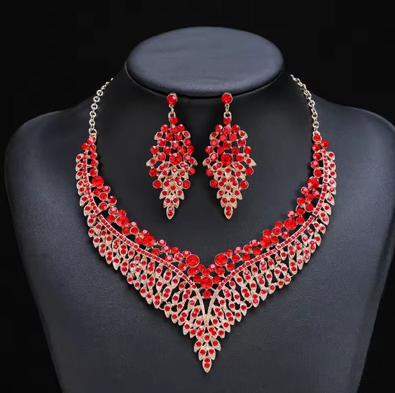 Exquisite Kristall-Wassertropfen Brautschmuck Set Halskette mit Ohrringe Rot&nbsp;Gold