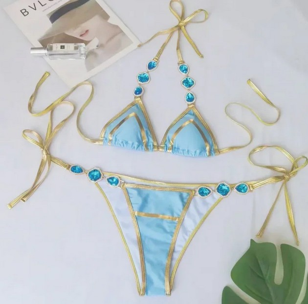 Halterneck Bikini 2025 Samia zum Binden mit Strass in Hellblau&nbsp;Gold