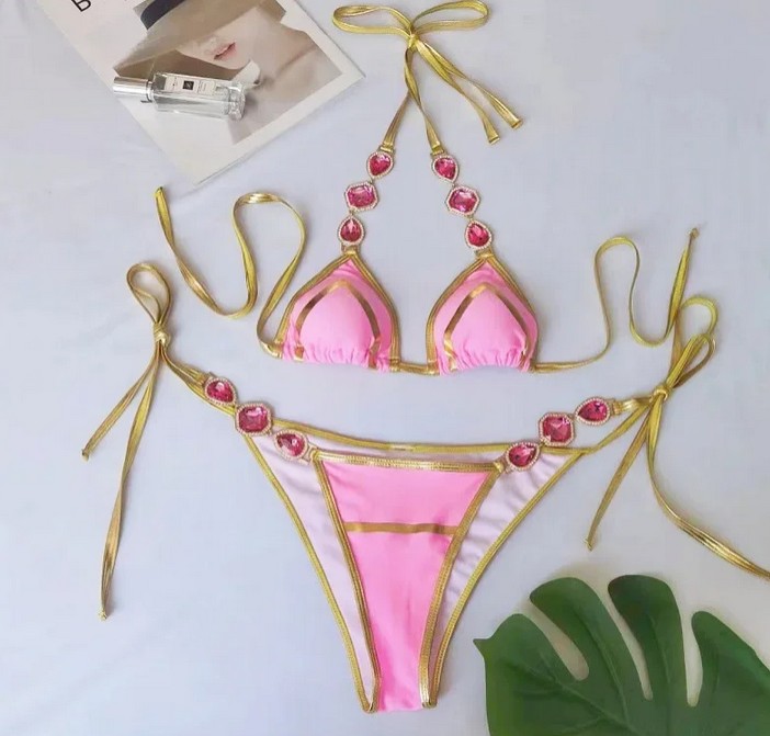  Halterneck Bikini 2025 Samia zum Binden mit Strass in Pink&nbsp;Gold