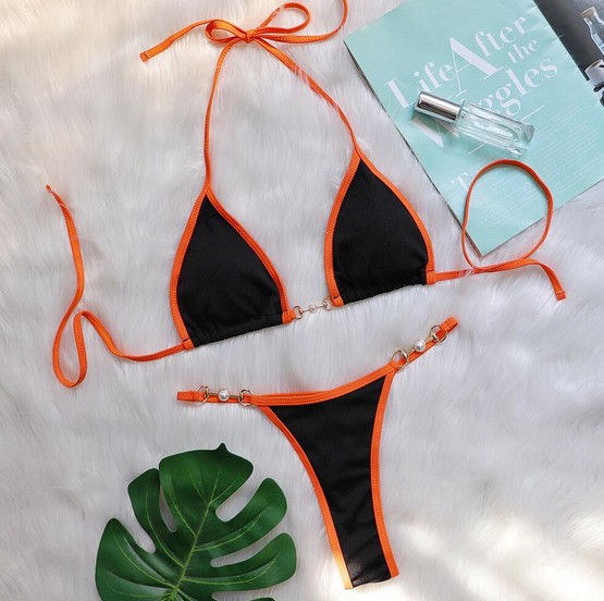 Halterneck Mini Micro Bikini 2025 Savannah Schwarz Orange mit&nbsp;Perlen