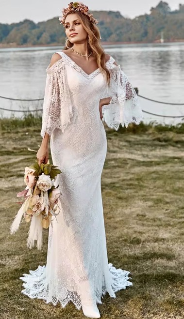  I Linie Boho Brautkleid Hildegard mit Fledermaus Ärmeln und&nbsp;Spitze