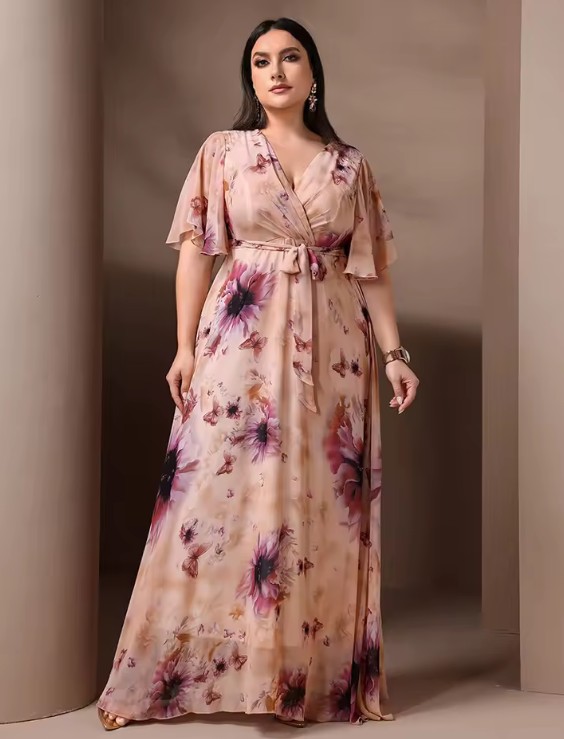 Kurzarm Maxi Kleid Elaine Elegant in Lachs mit&nbsp;Blumenmuster