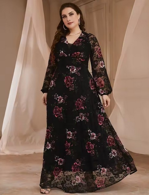 Langarm Maxi Kleid Erica Elegant in Schwarz mit&nbsp;Blumenmuster