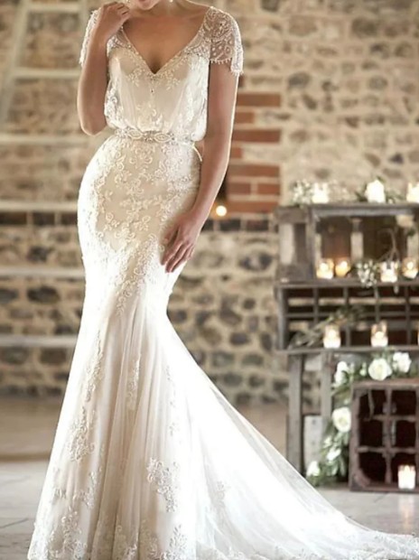 Meerjungfrau Brautkleid Heidi mit Pinsel Schleppe und Ärmeln aus&nbsp;Spitze