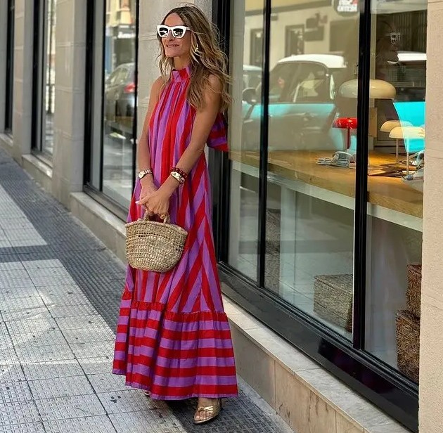 Neckholder Maxi Sommerkleid Rückenfrei Pink&nbsp;Gestreift