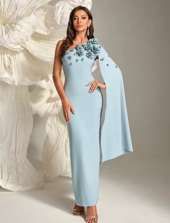 One Shoulder I Linie Abendkleid Eliana in Hellblau mit 3D&nbsp;Blumen