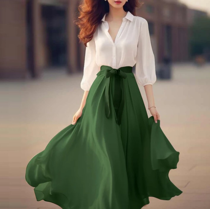 Patchwork Chiffon Sommerkleid Elegant in Weiß&nbsp;Grün